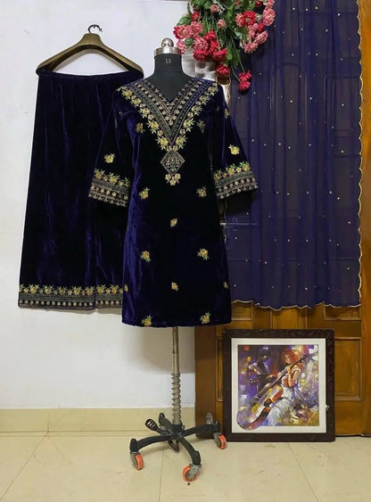 Winter Special Neck Thread Embroidery work Velvet Kurti Pant Set ( Fully Stitched) Ethenika.com