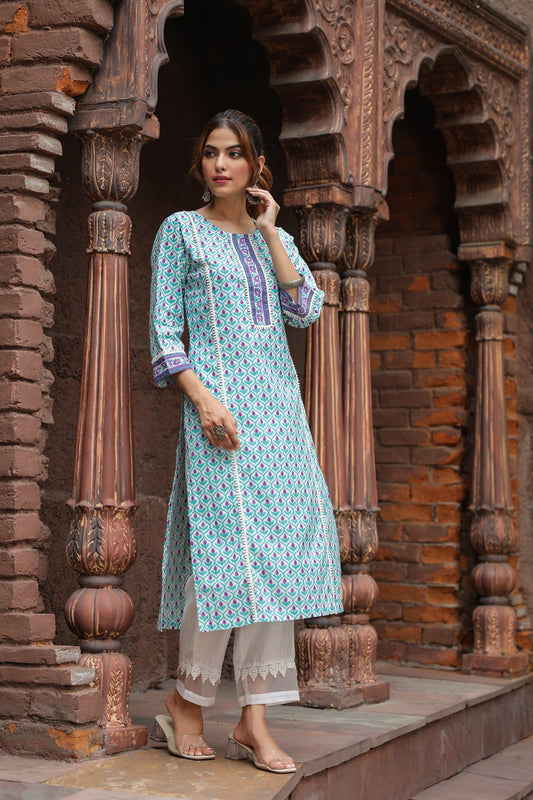 Women Blue Printed Ethnic Kurta