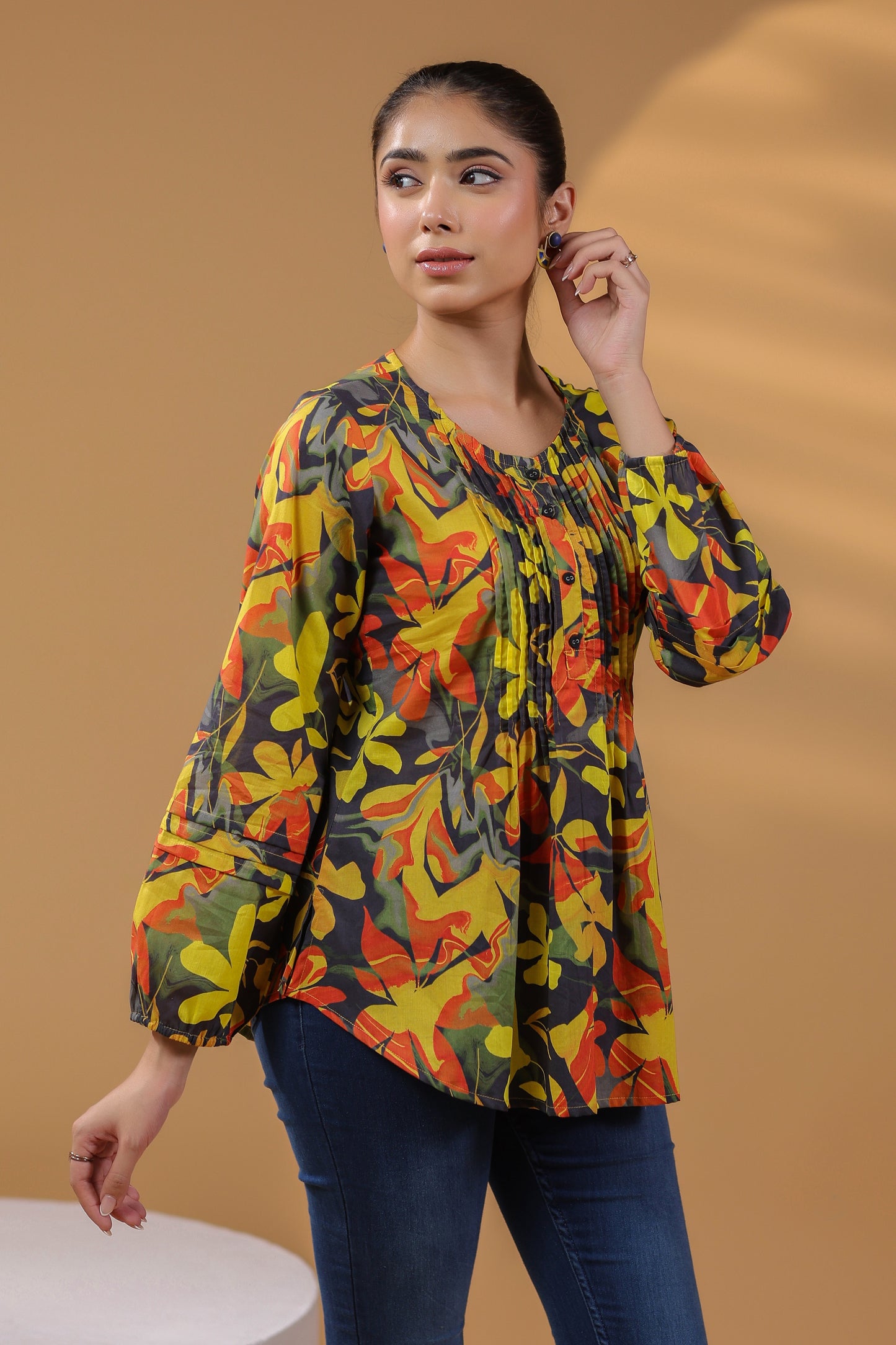 Women Cotton Floral Black Top