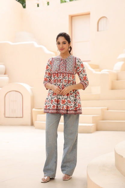 Women Floral Cotton A-Line Top