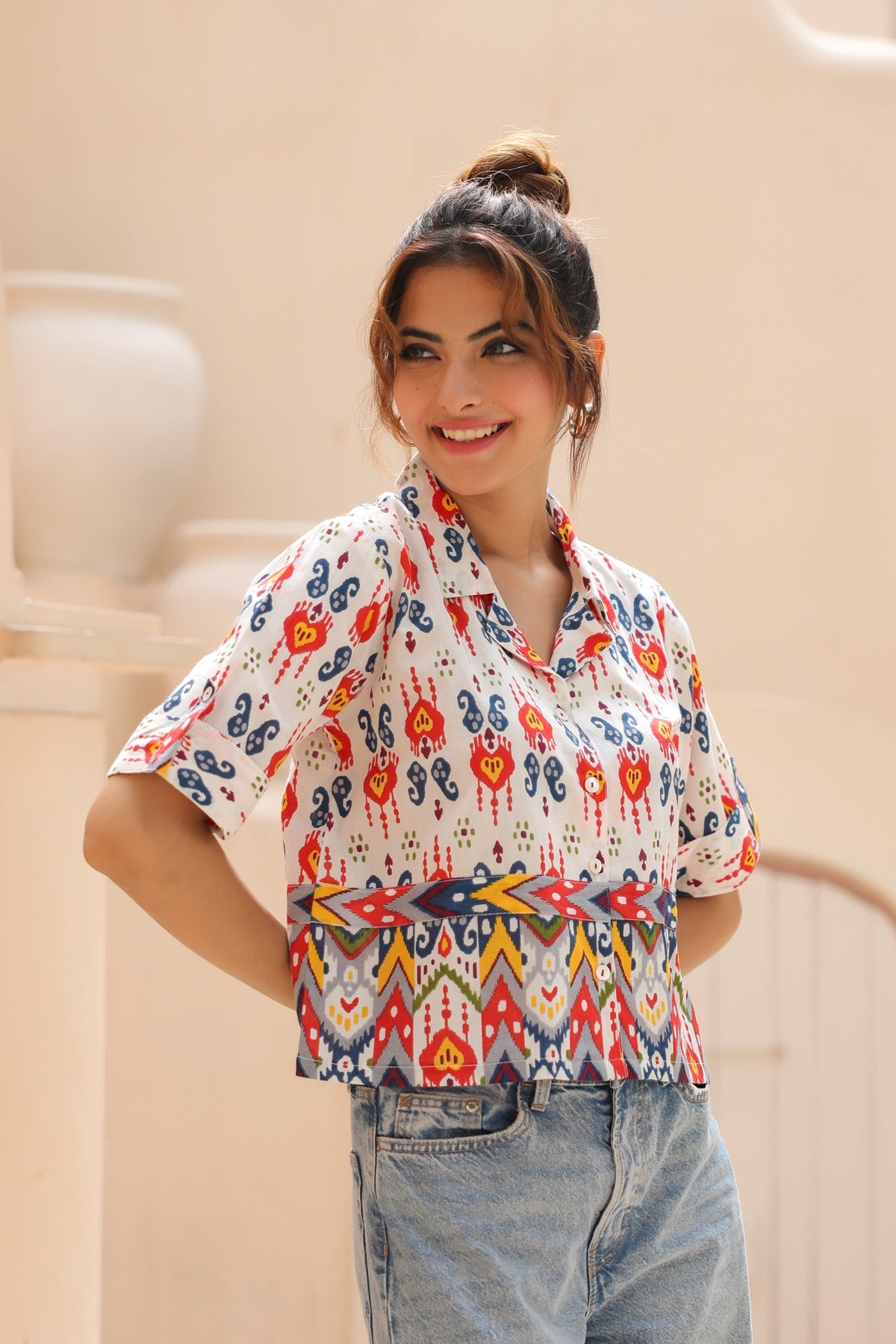 Women Geometric Cotton Shirt Style Top
