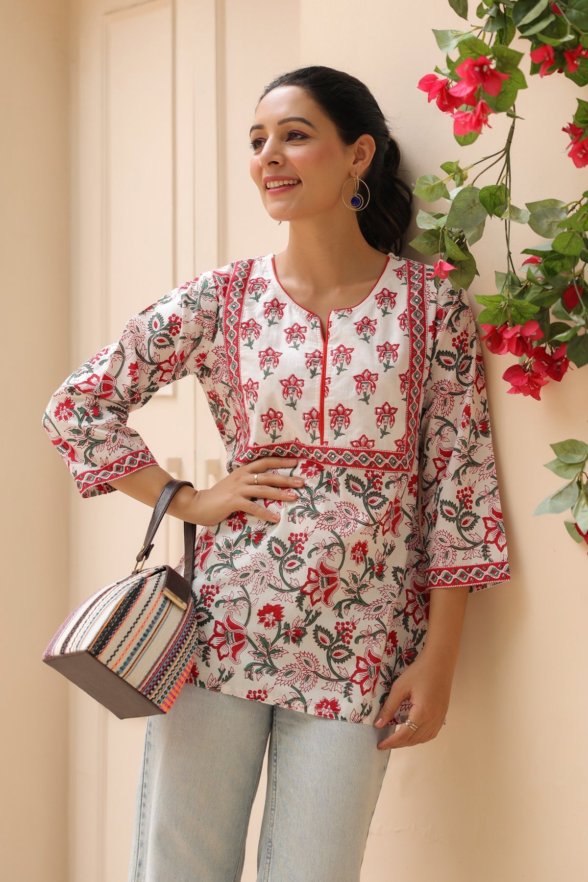 Women Printed Red Cotton Top