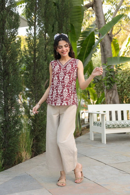 Women brown printed cotton top