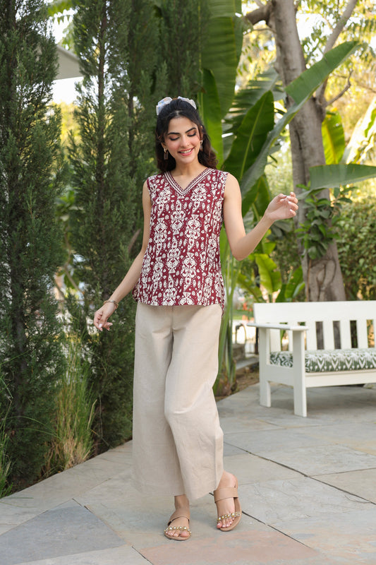 Women brown printed cotton top