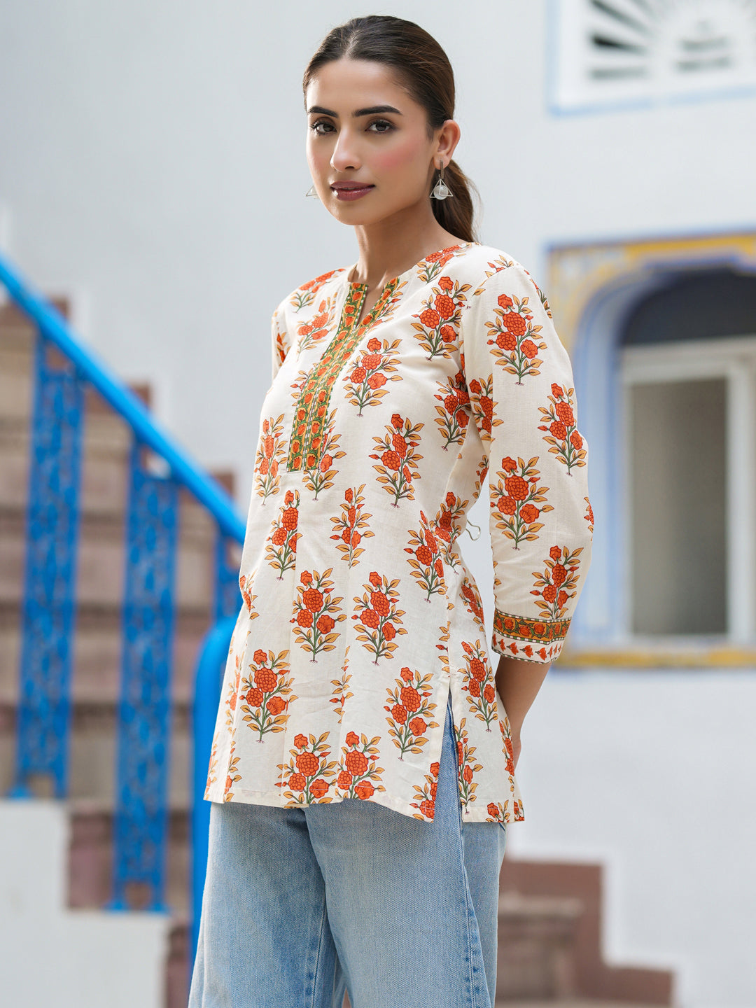 Women casual floral cotton top