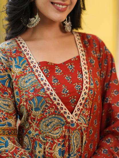 Women maroon ethnic printed kurta outfit