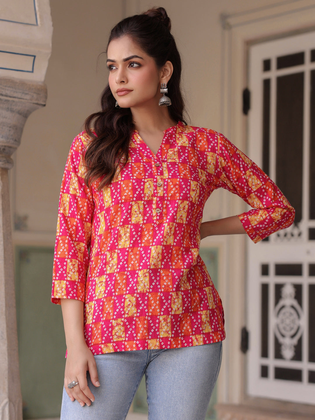 Women printed mandarin collar cotton top