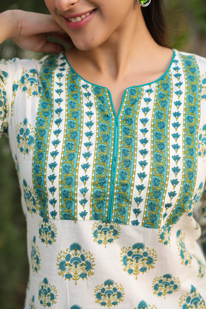 Women’s cotton kurti with floral print and notch neckline