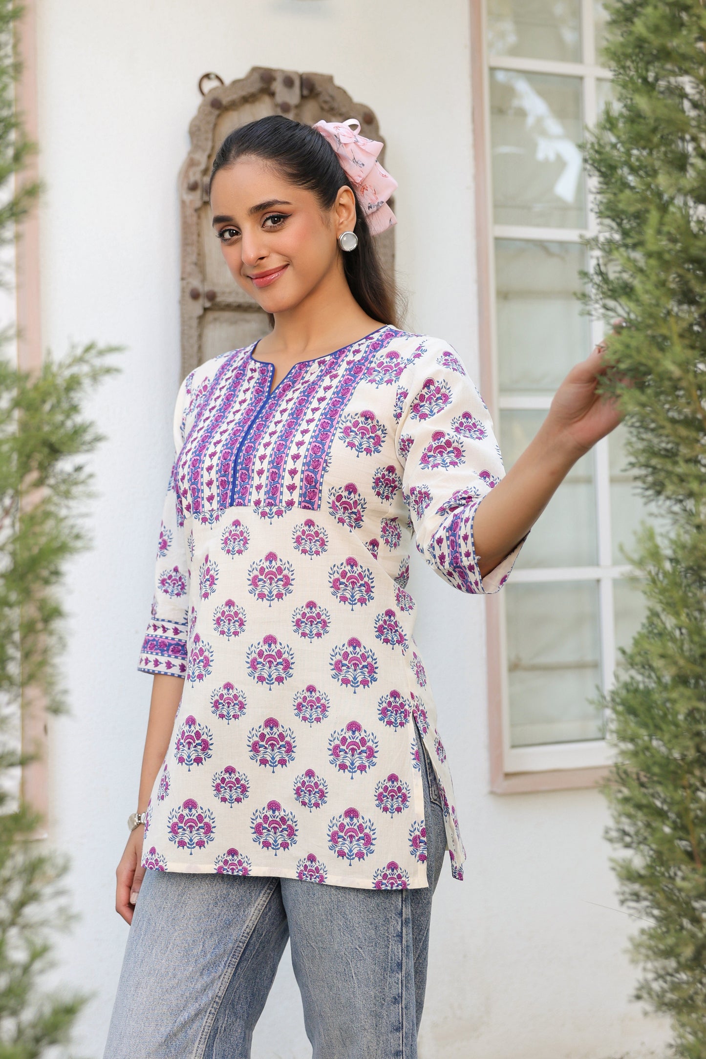 Women’s summer cotton top with ethnic motif design