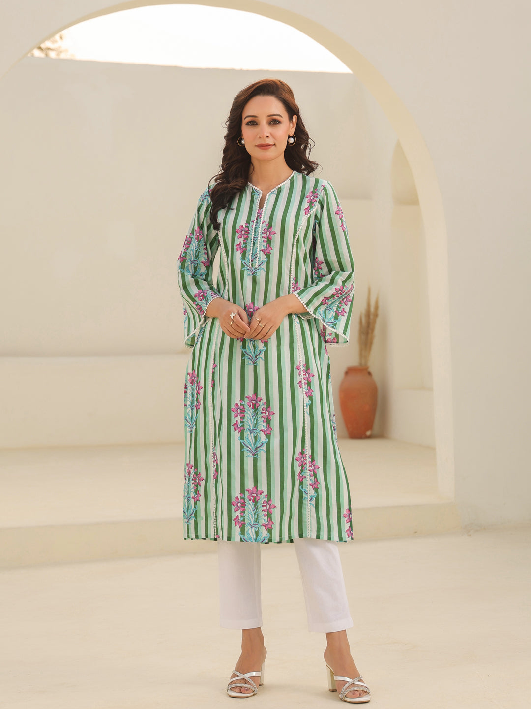 Women stripe cotton kurta