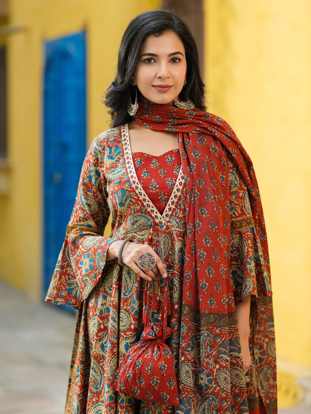 Women stylish printed maroon ethnic suit set