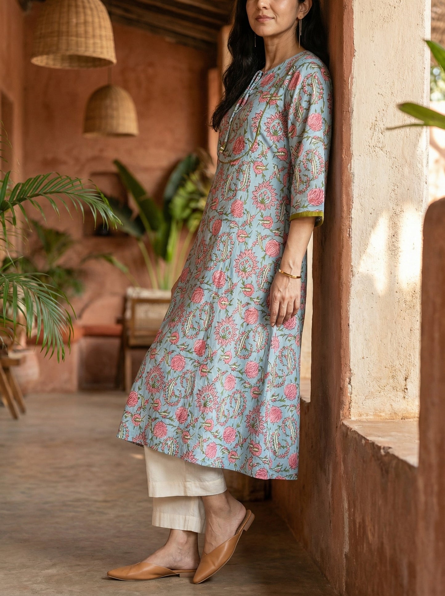 Jazz Waves Cotton Sky Blue Yoke Kurta