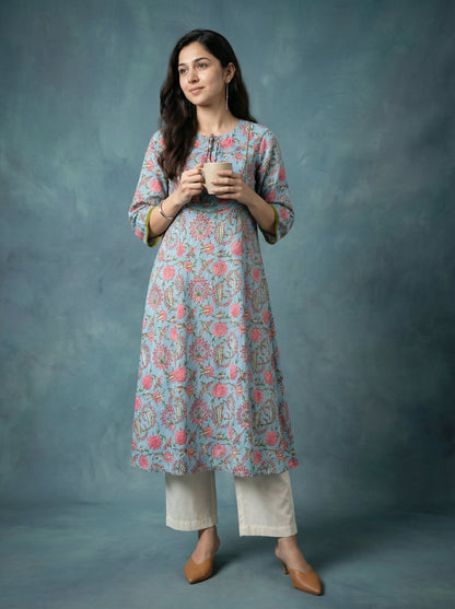 Jazz Waves Cotton Sky Blue Yoke Kurta