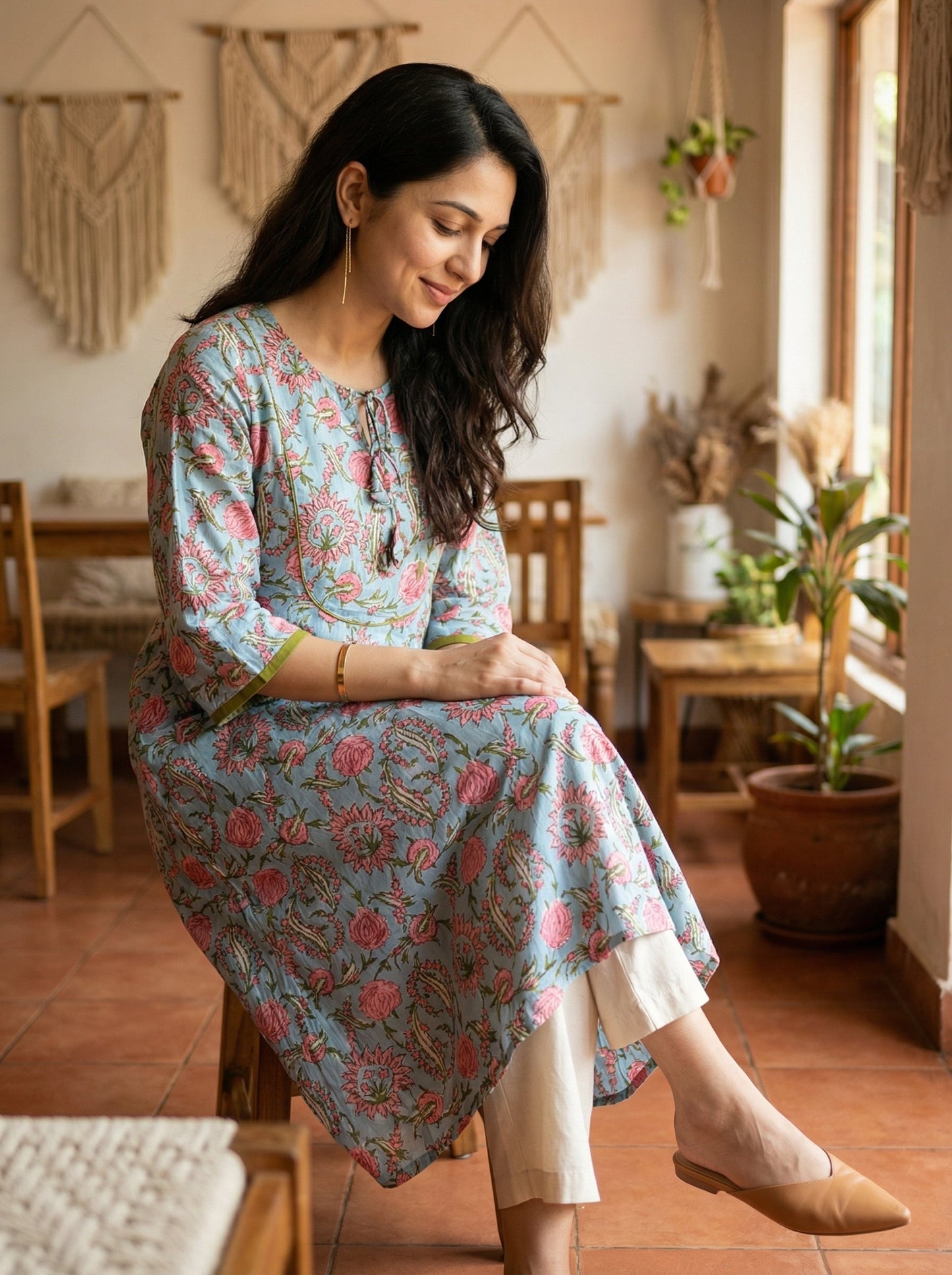 Jazz Waves Cotton Sky Blue Yoke Kurta