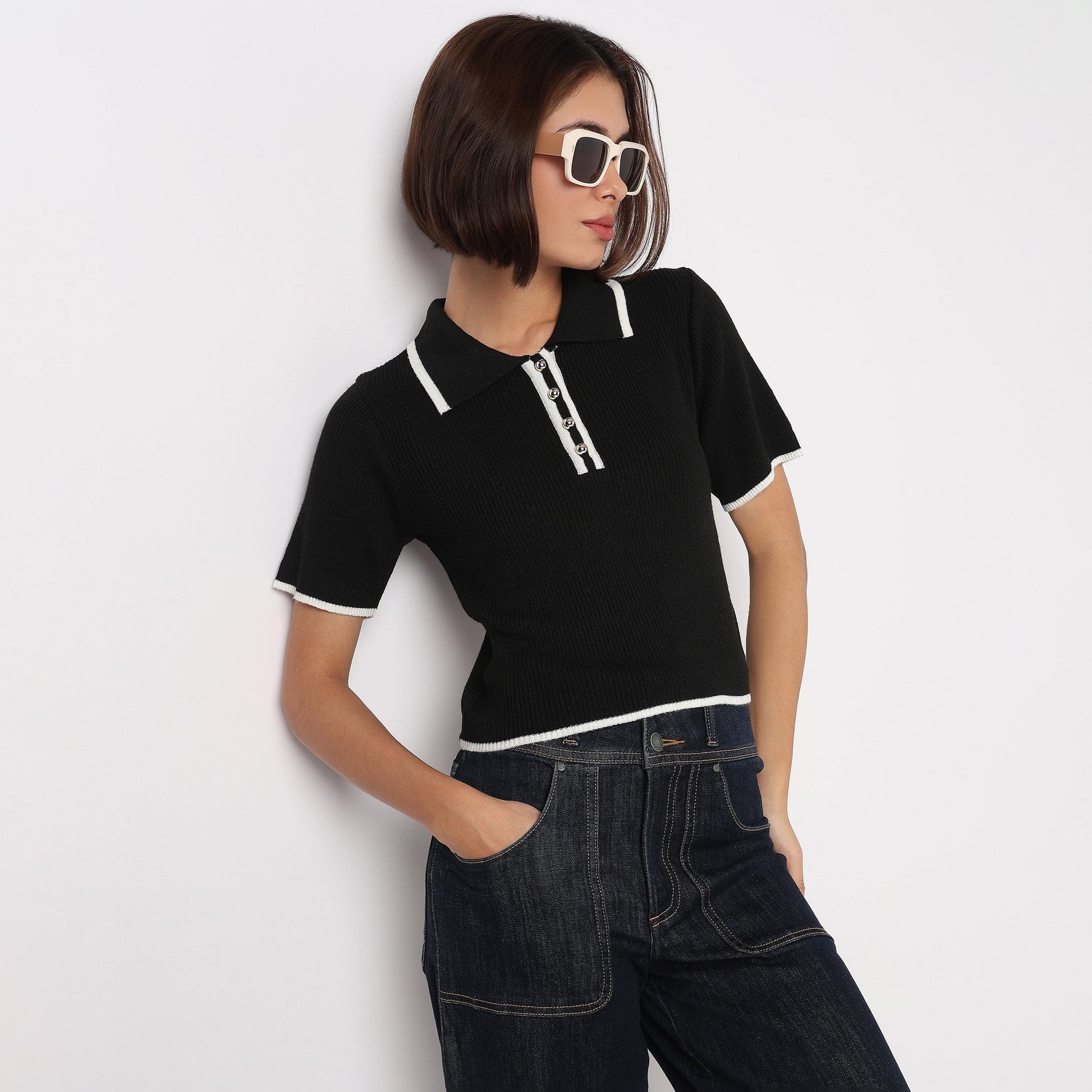 Solid Polo Flat Knit Top
