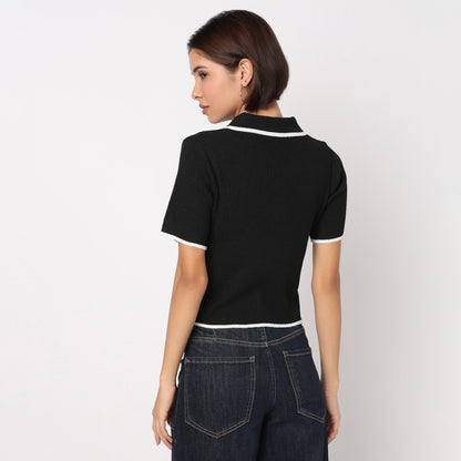 Solid Polo Flat Knit Top