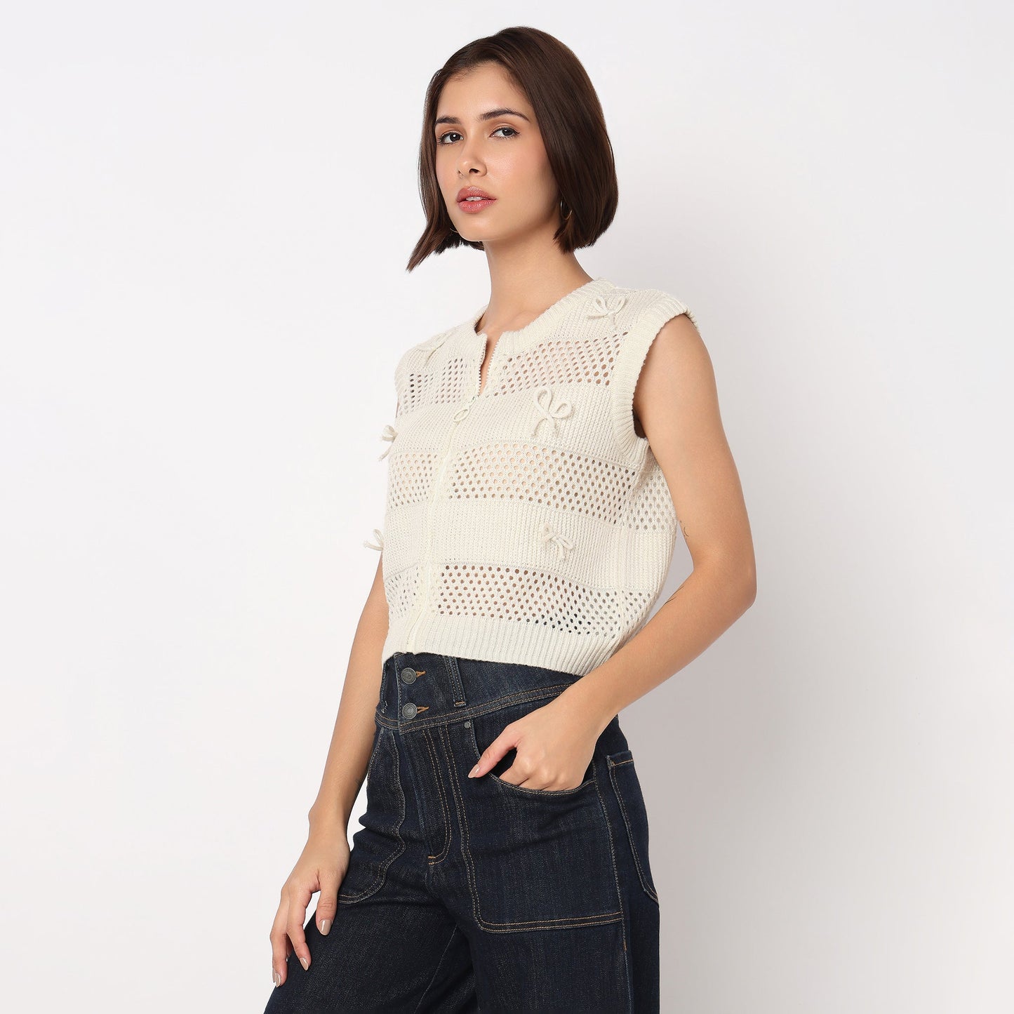 Flat Knit Top With Front Zipper and 3D Bows Details