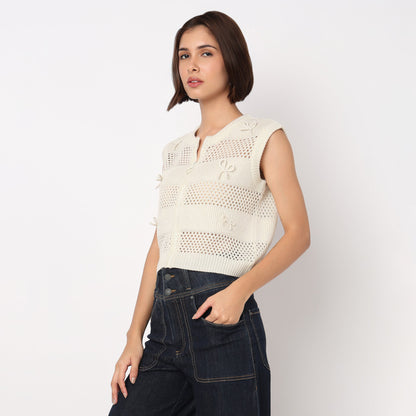 Flat Knit Top With Front Zipper and 3D Bows Details