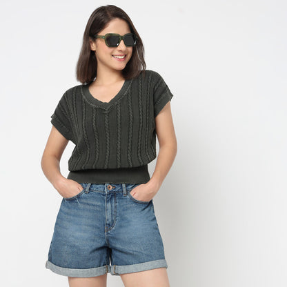 V-Neck Cotton Flatknit Top