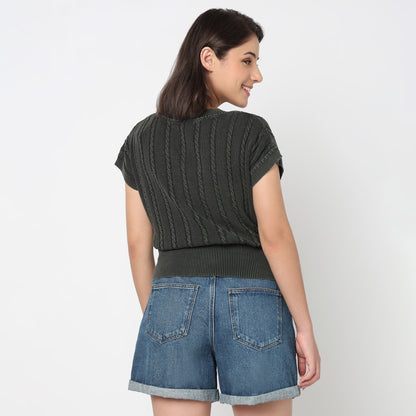 V-Neck Cotton Flatknit Top