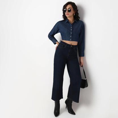 Woven Solid Crop Denim Shirt