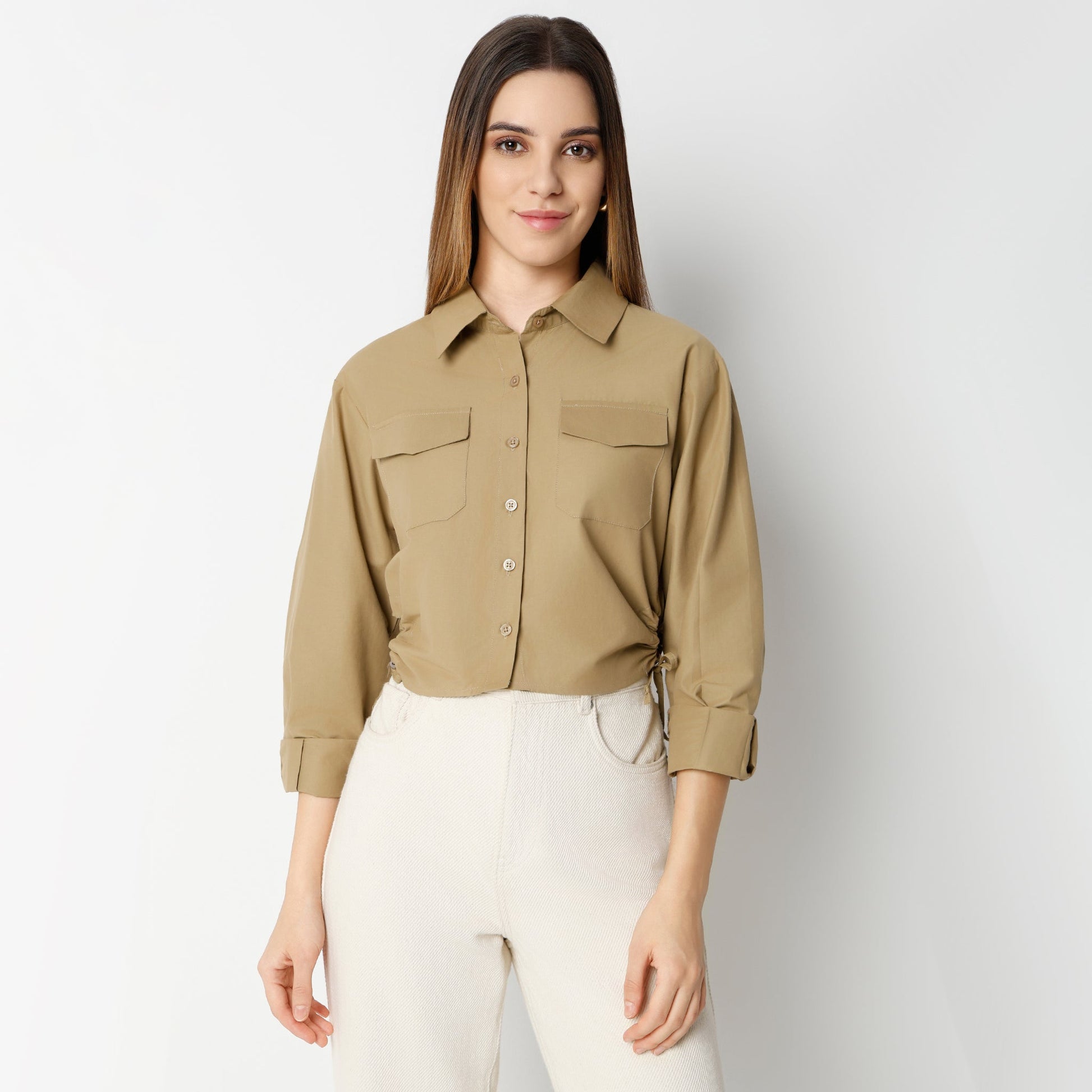 Regular Fit Solid Cropped Shirt