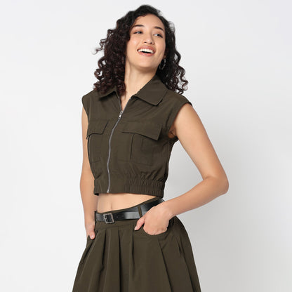 Betty Front Zipper Shirt with Patch Pockets