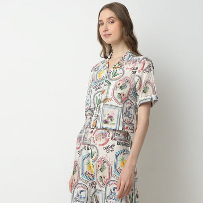 Regular Fit Geometric Lapel Collar Shirt