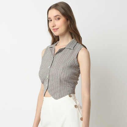 Slim Fit Checkered Lapel Collar Shirt