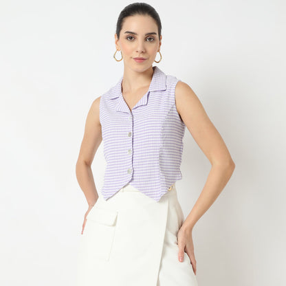 Slim Fit Checkered Lapel Collar Shirt