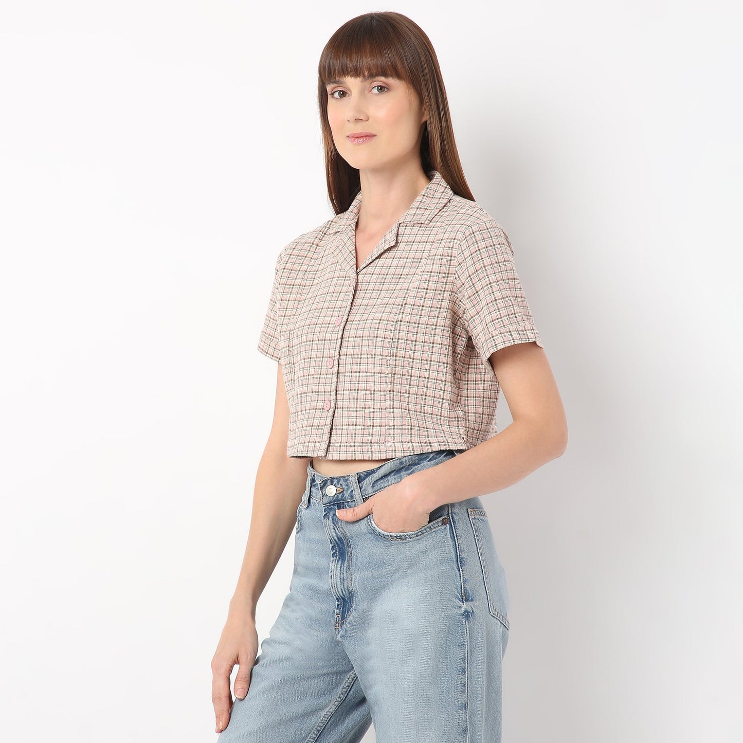Regular Fit Checkered Lapel Collar Cropped Shirt