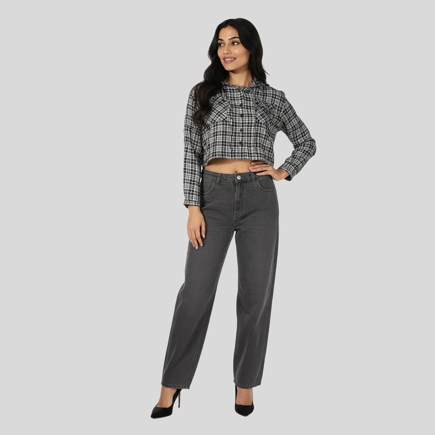 Checkered Hoodie Style Cropped Betty Shirt