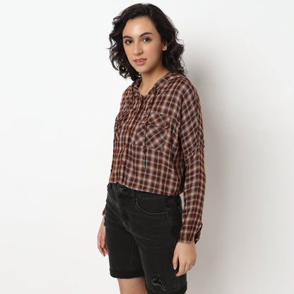 Checkered Hoodie Style Cropped Betty Shirt
