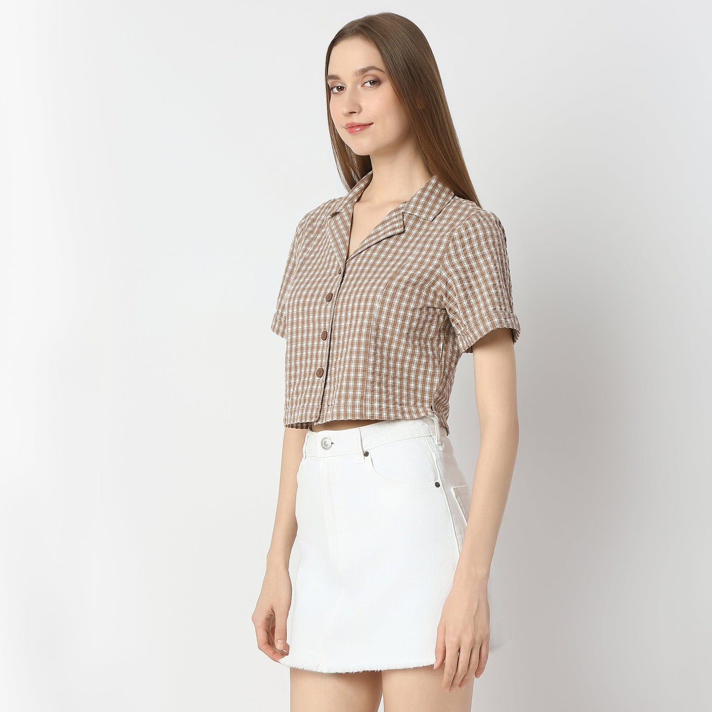 Regular Fit Checkered Cropped Shirt