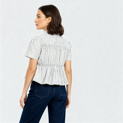 Boxy Fit Striped Shirt With Pleating and Bow Detail