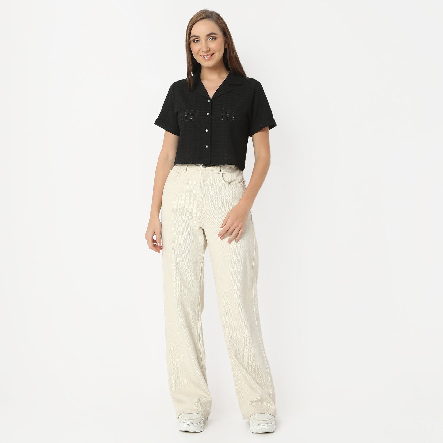 Regular Fit Solid Lapel Collar Cropped Shirt