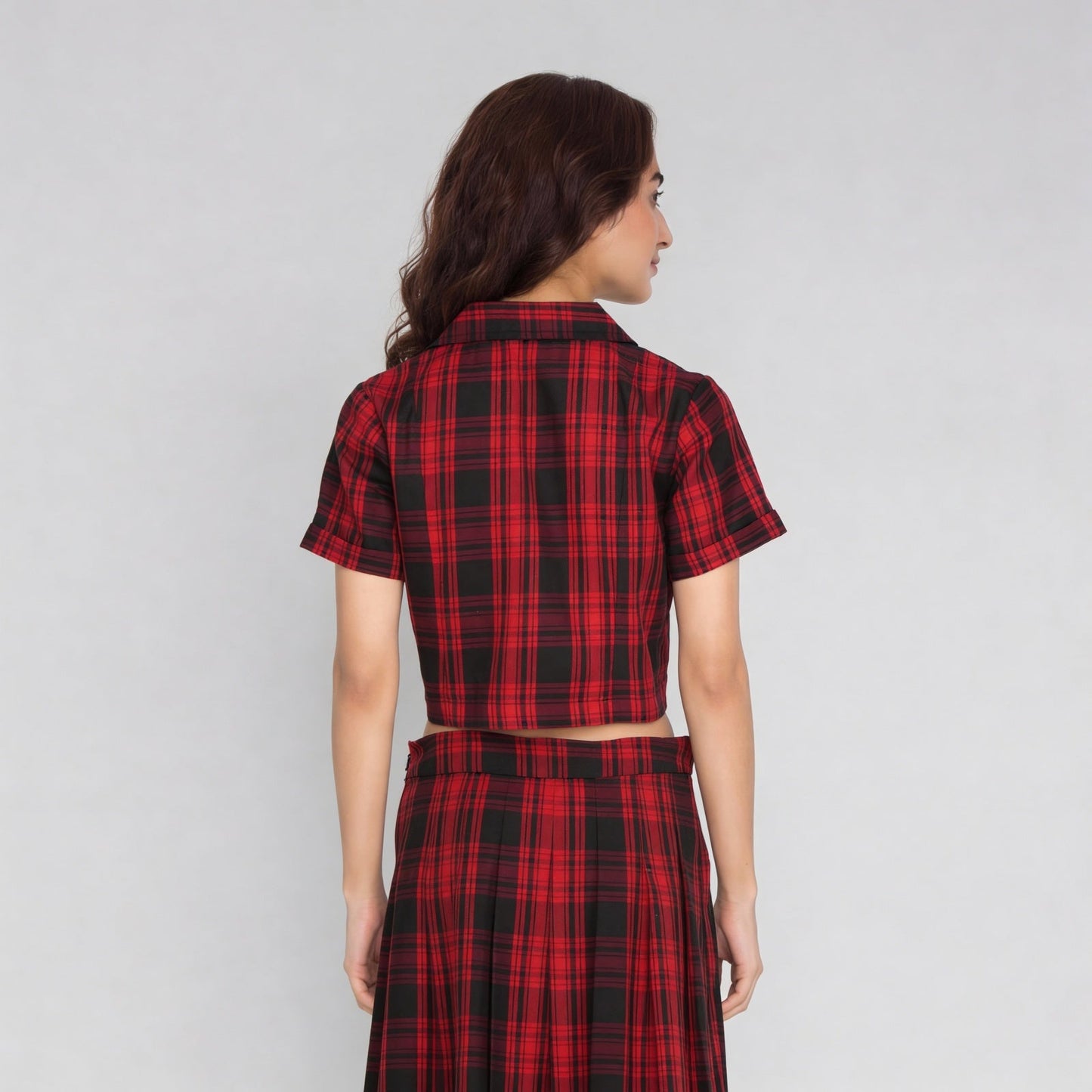 Checkered Lapel Collar Cropped Shirt