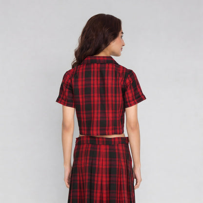 Checkered Lapel Collar Cropped Shirt