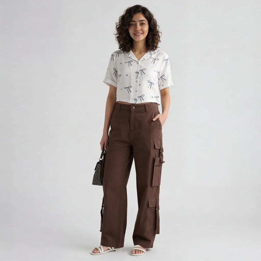 Crop Shirt With Bow Print Detail