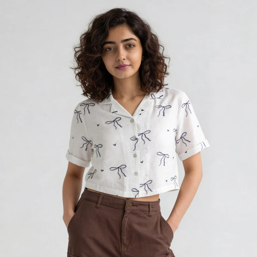 Crop Shirt With Bow Print Detail