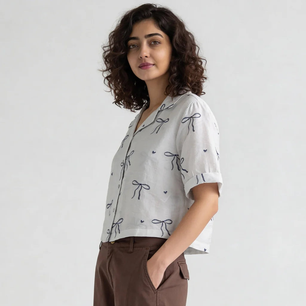 Crop Shirt With Bow Print Detail