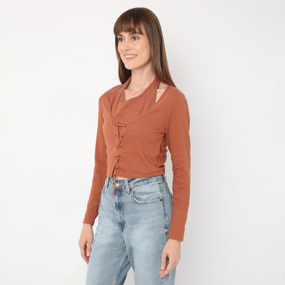 Knit Rib Full Sleeve Solid Top