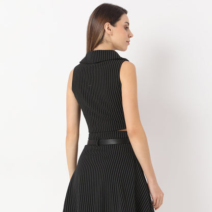 Striped V Neck Lapel Collar Betty Vest Sleeveless with Button Opening Top