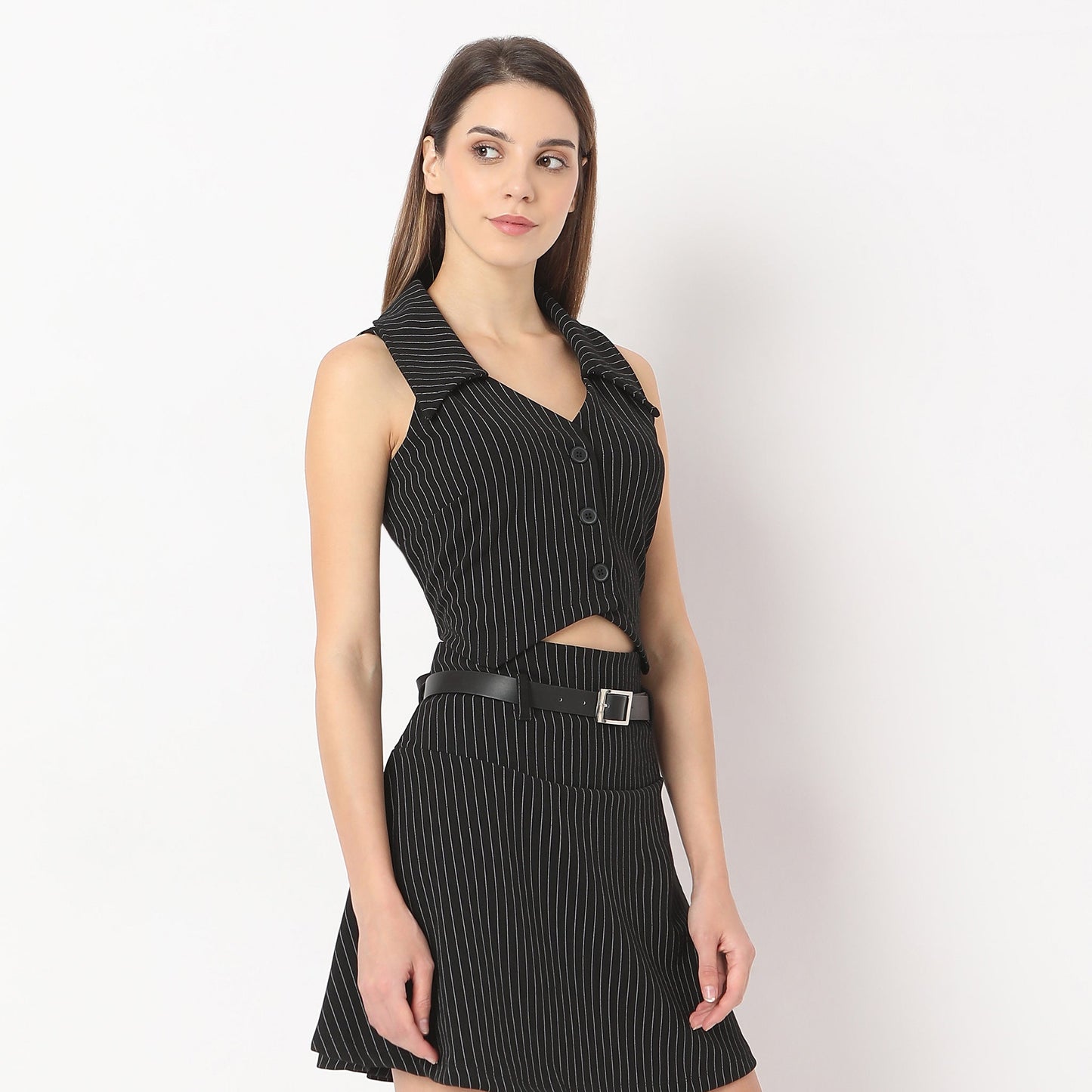 Striped V Neck Lapel Collar Betty Vest Sleeveless with Button Opening Top