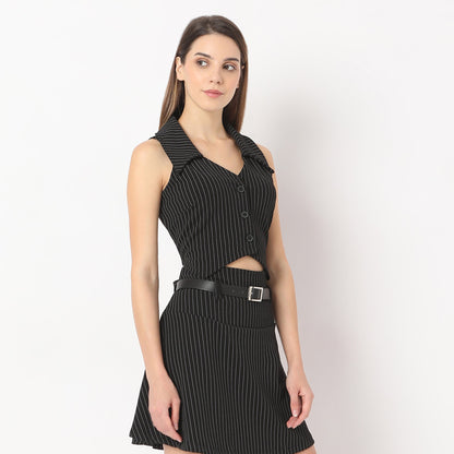 Striped V Neck Lapel Collar Betty Vest Sleeveless with Button Opening Top