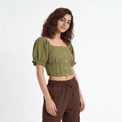 Scoop Neck Crop Top with Smocking Pattern