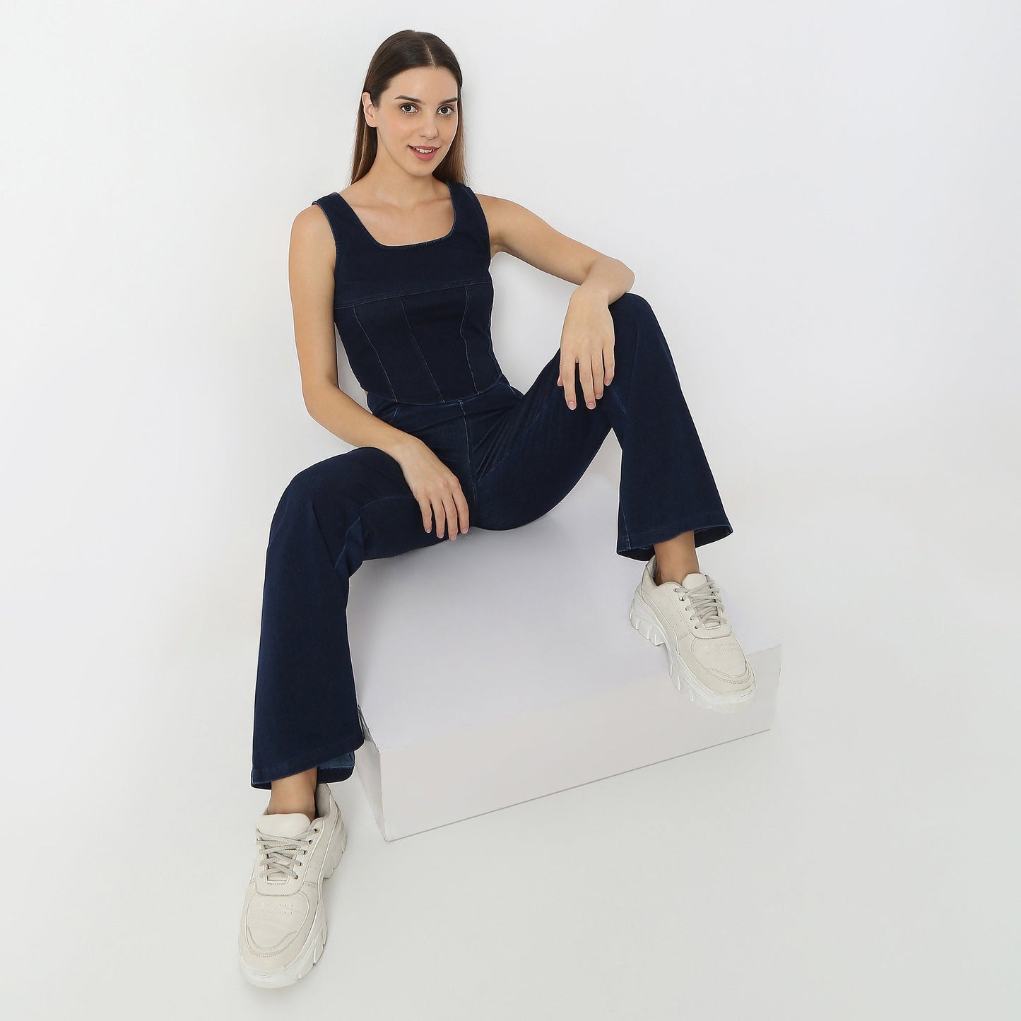Solid Cropped Square Neck Denim Crop Top