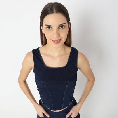 Solid Cropped Square Neck Denim Crop Top