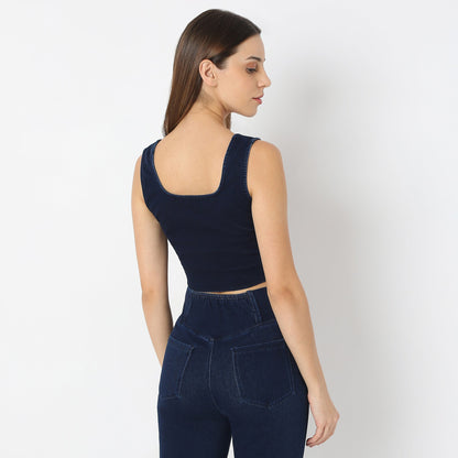 Solid Cropped Square Neck Denim Crop Top
