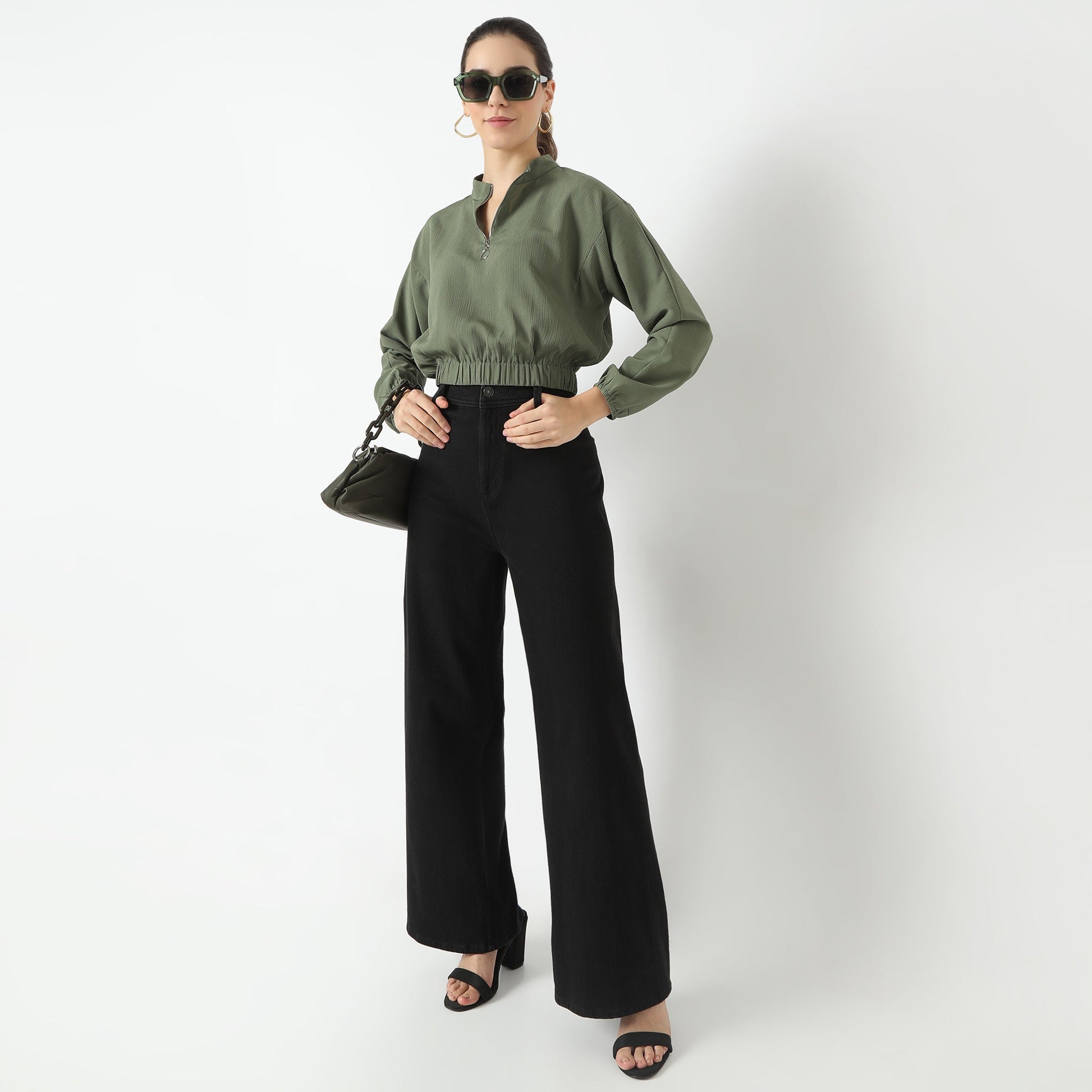 Regular Fit Solid Band Collar Top